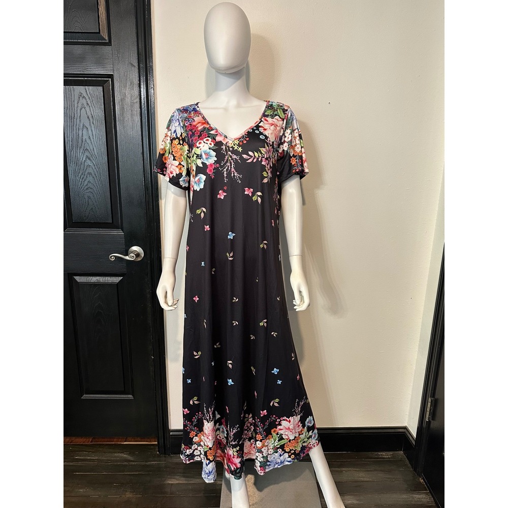 Emery Rose‎ Floral Print Maxi Dress Black Short Sleeve V-Neck Summer NEW